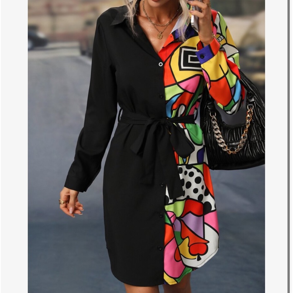Elegant Abstract Geo Pop Art Print Long Sleeve Belted Button Down Shirt Dress - Picture 11 of 12